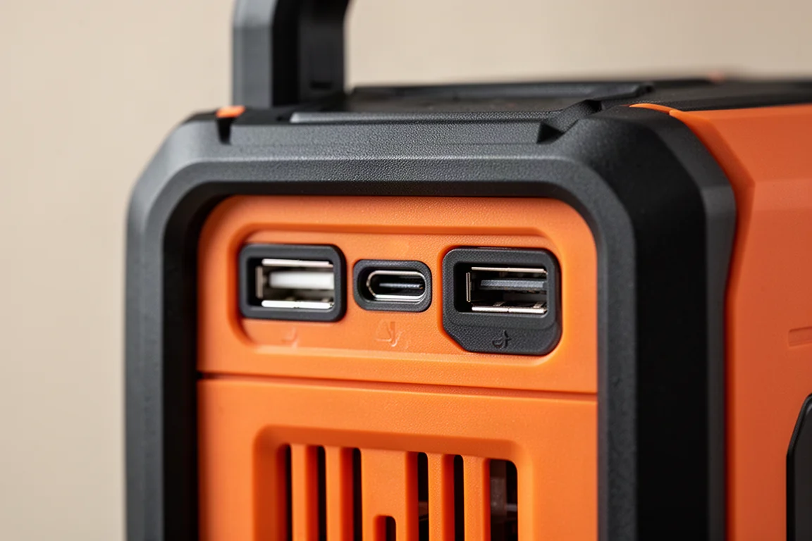 Close-up das portas USB-A e de uma porta USB-C em um inversor de energia robusto