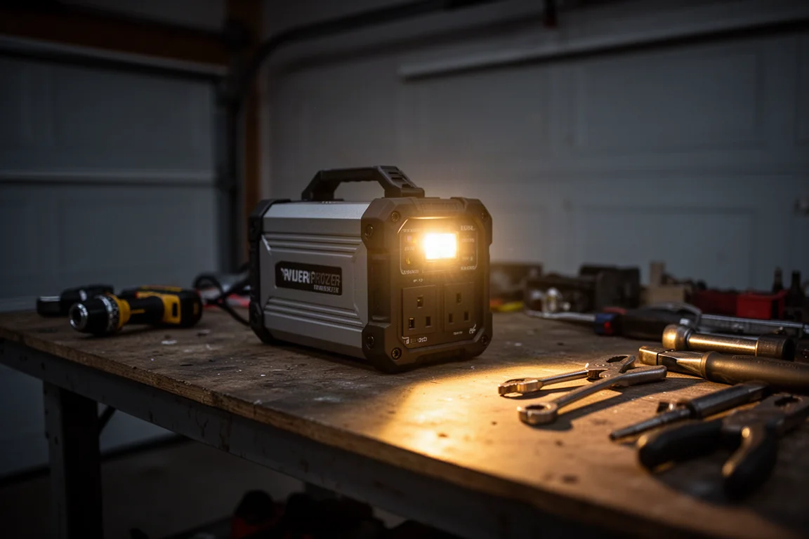 Oficina de garagem ao anoitecer iluminada pela luz LED embutida de um inversor portátil
