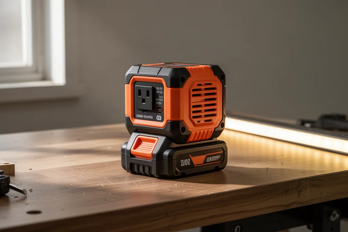 Compact orange and black portable power inverter on a workbench
