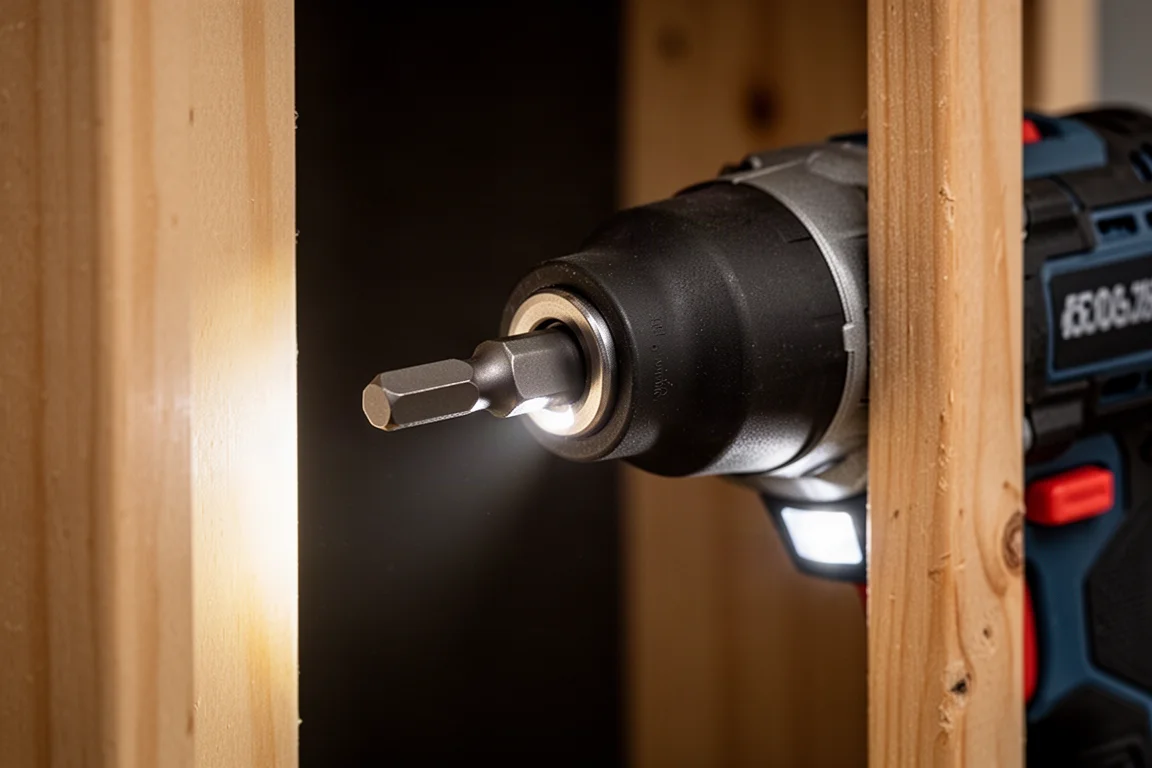 Närbild på vinkelhuvudet med LED-lampa som lyser upp ett mörkt hörn