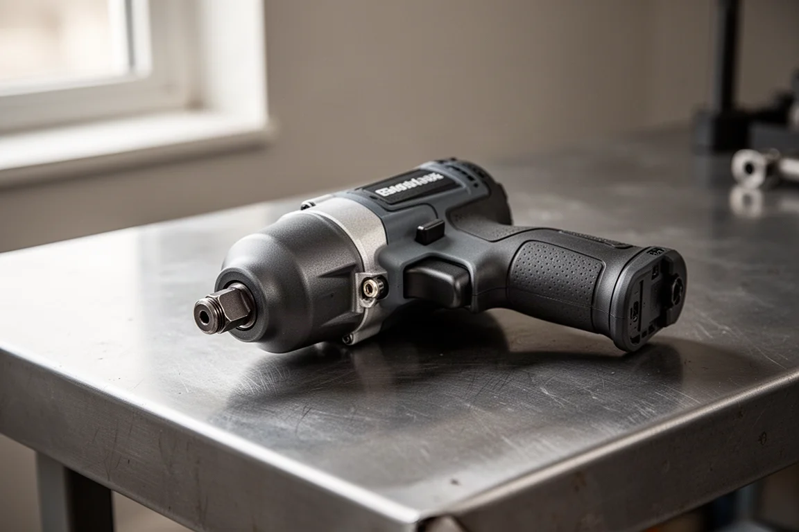 En hand justerar det svängbara huvudet på en right angle impact driver på en arbetsbänk