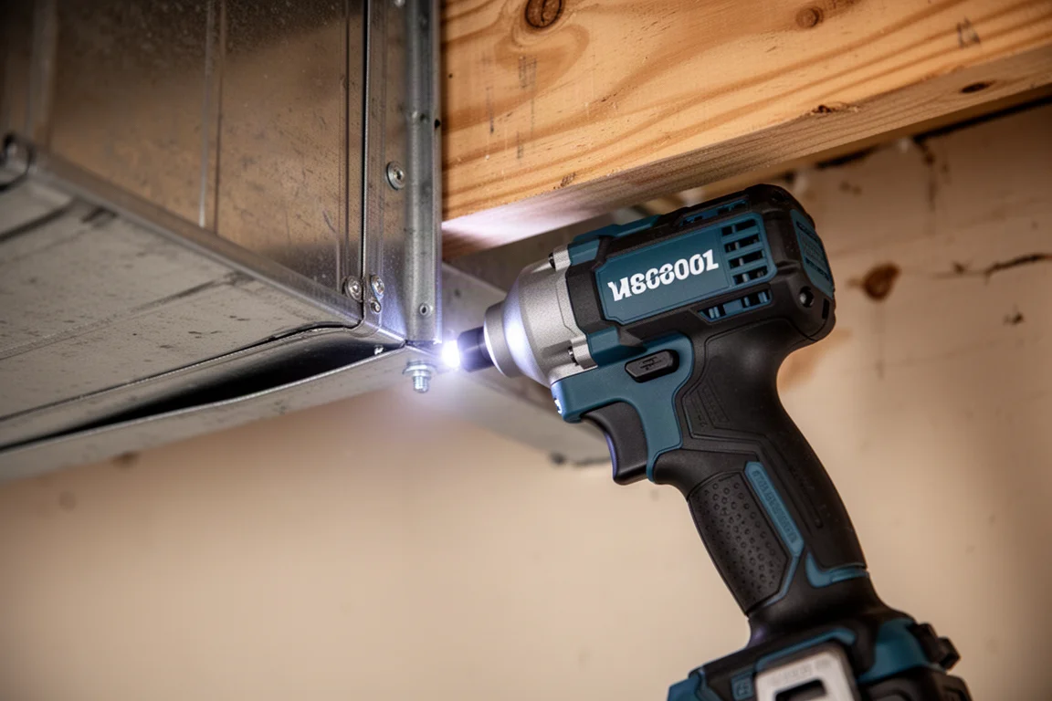 Impact driver som driver in en fästelement i en metallstolpe på en trång mekanisk plats
