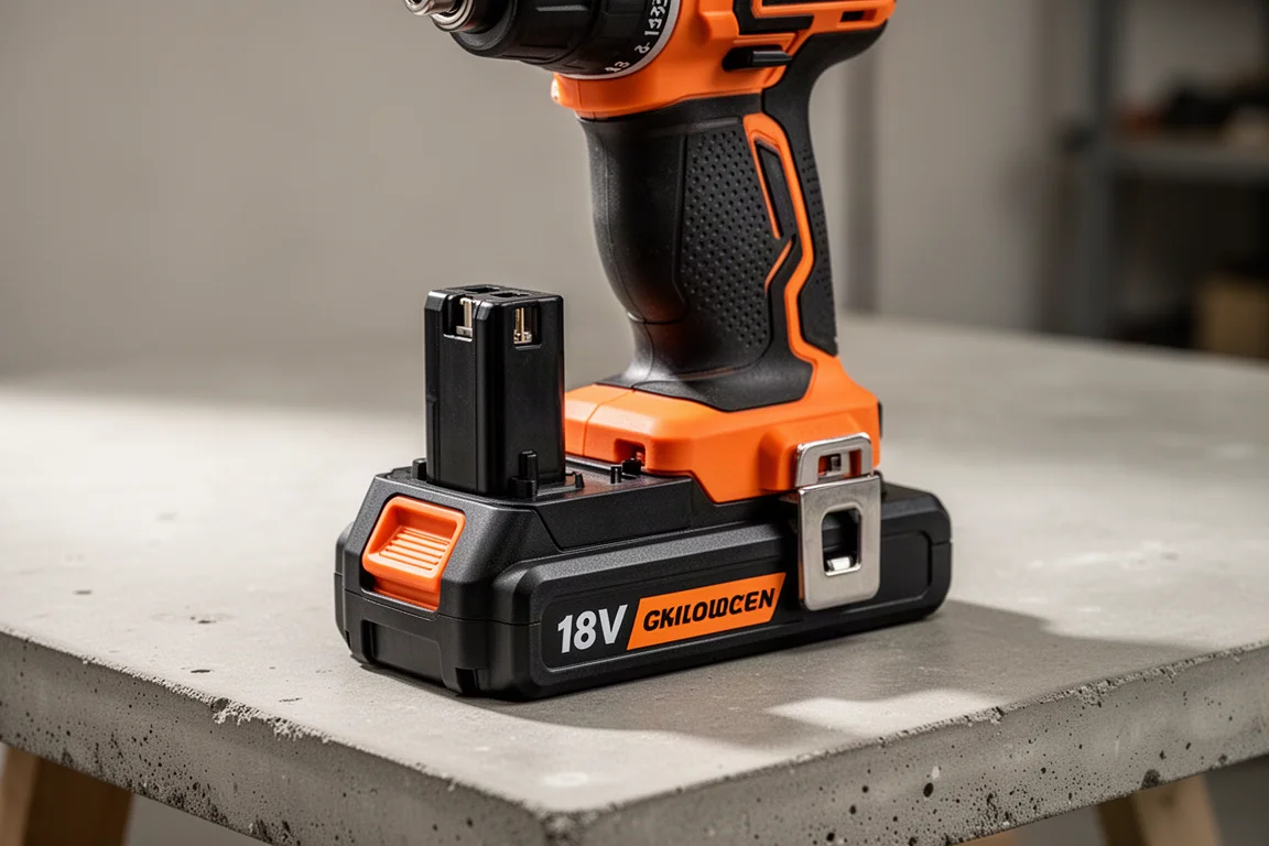 Kabelnär impact driver-chassi med 18V-batteripaket på en verkstadsbänk