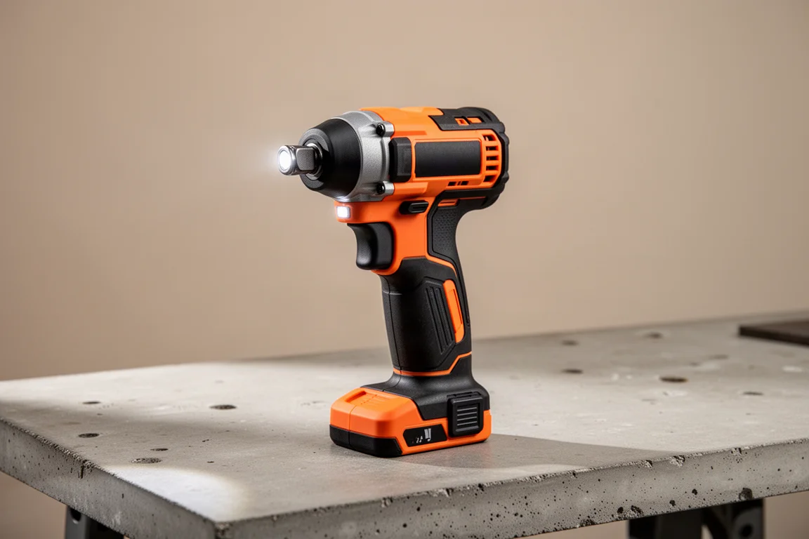 Compact orange and black right angle impact driver on a concrete workbench