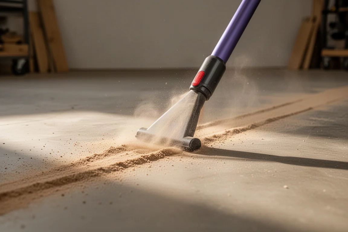 Düse eines Stabstaubsaugers nimmt Sägestaub vom Werkstattboden in einem Durchgang auf