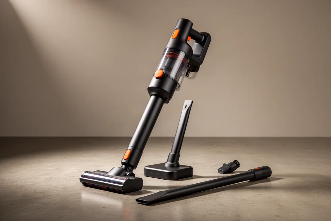 Cordless stick vacuum with attachments arranged on a concrete workshop floor