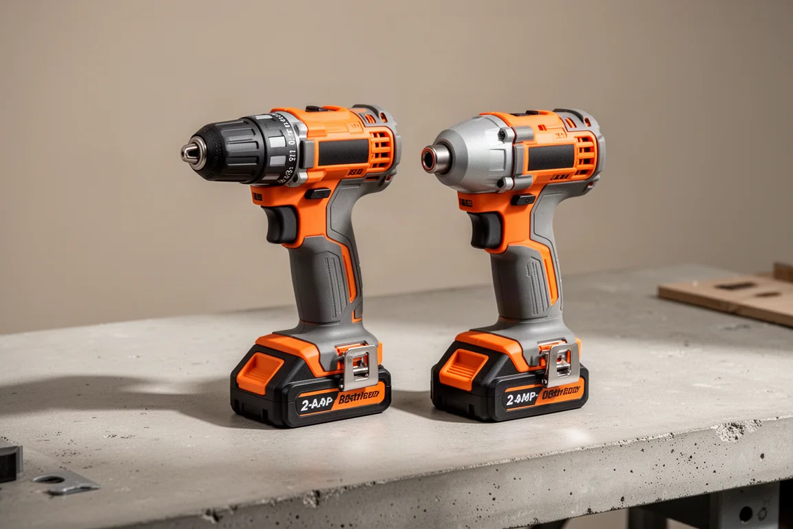 Ridgid 18V SubCompact drill driver and impact driver combo kit on a concrete surface