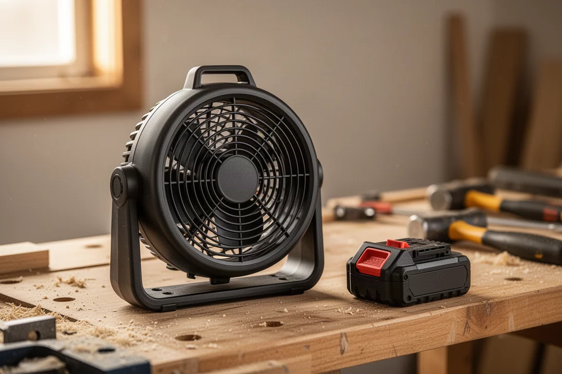 Compact cordless fan running on a cluttered workshop workbench