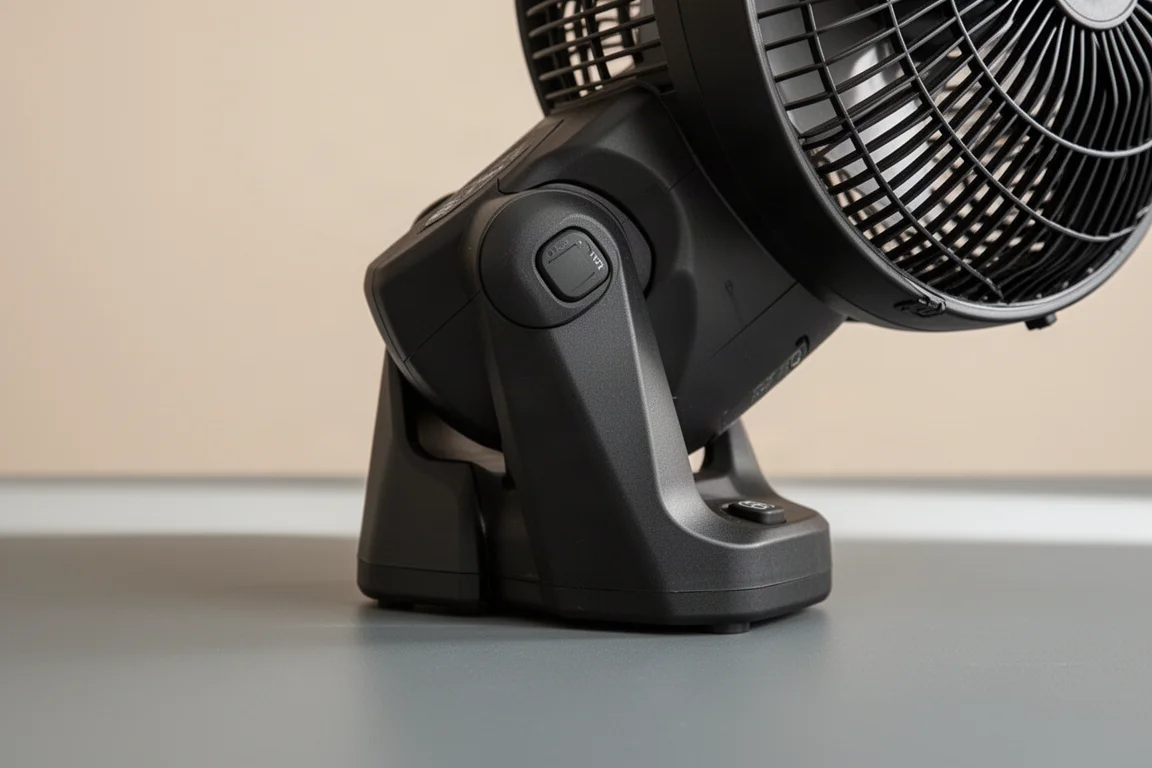 Fan head tilted and rotated on a workbench showing range of motion