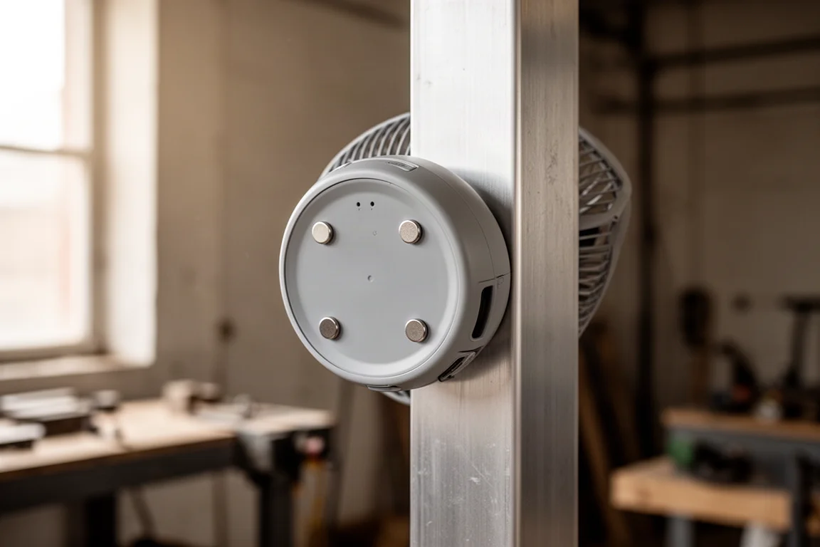 Four small magnets on the base of a fan sticking to a steel beam