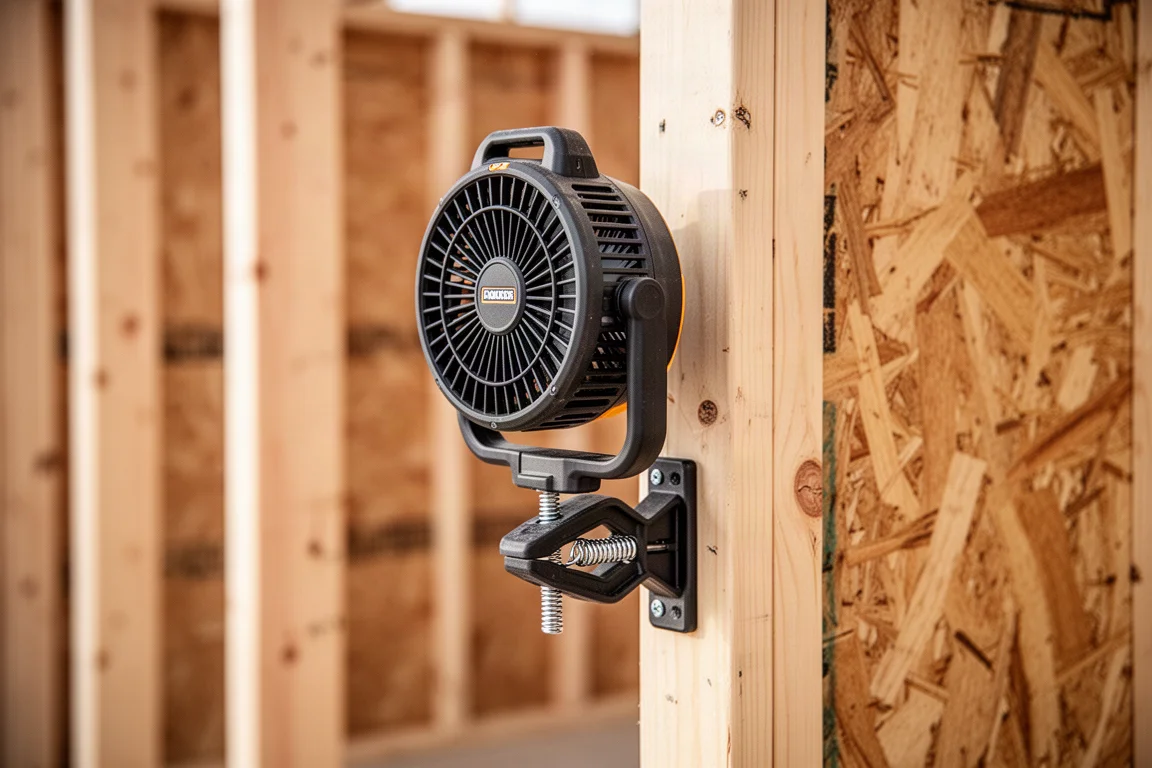 Fan clamped onto a wooden lumber stud on a jobsite