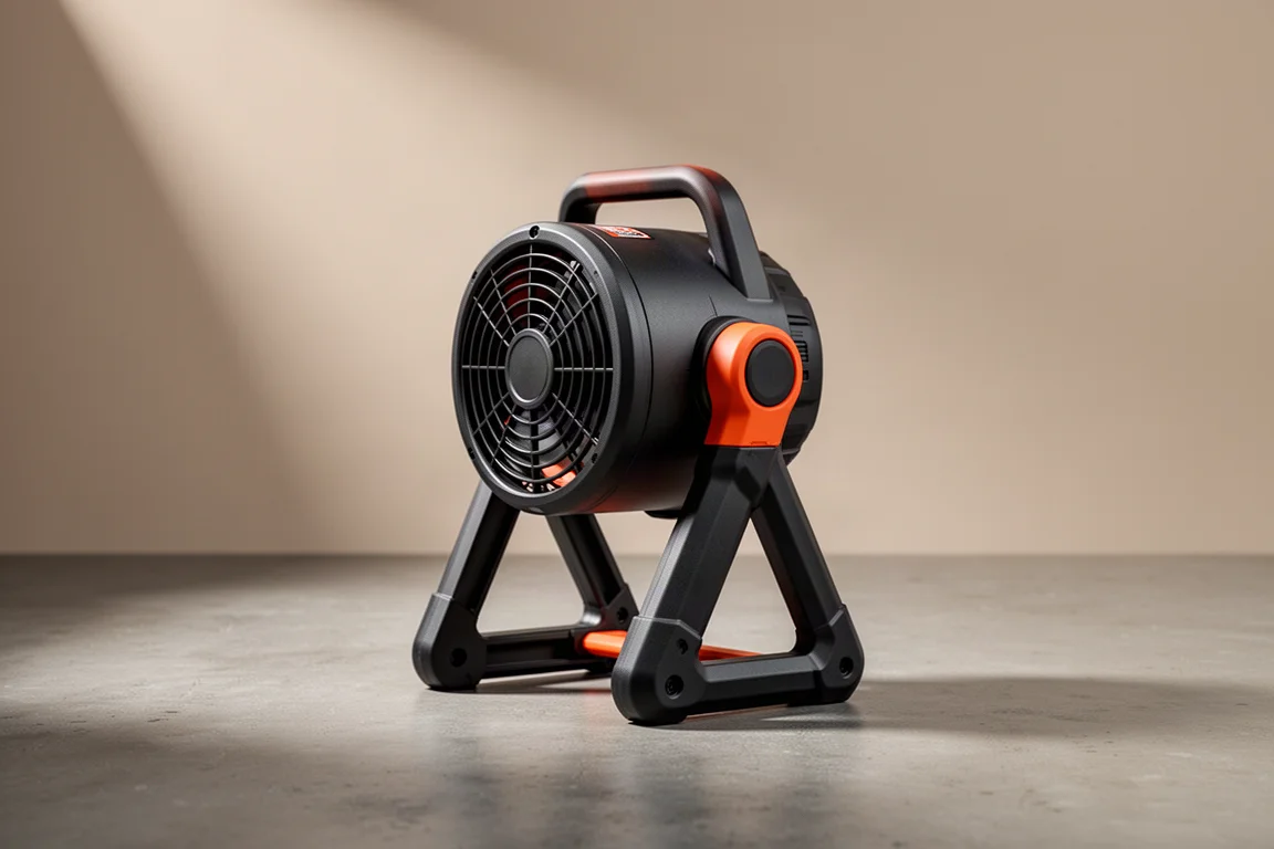 Compact cordless jobsite fan with matte black housing on a concrete workshop floor