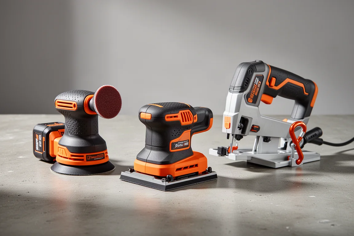 Three compact Ridgid 18V SubCompact tools arranged on a concrete workshop surface