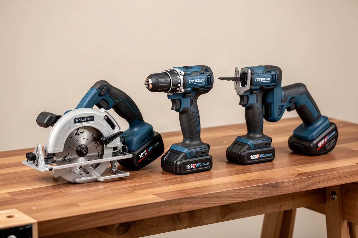 Tre strumenti Ridgid 18V a batteria allineati su un banco da officina