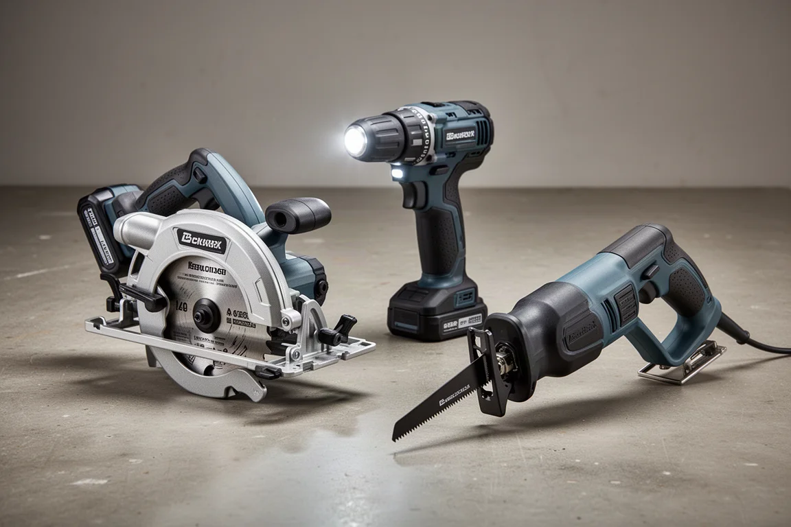 Three Ridgid 18V cordless tools arranged on a concrete workshop floor