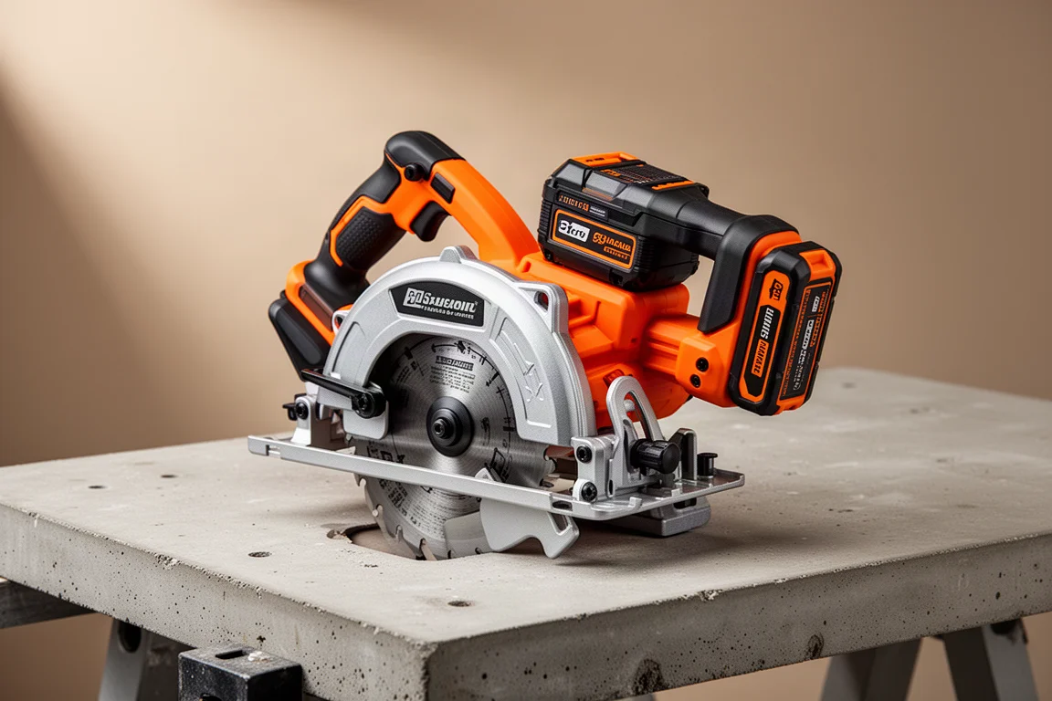 Cordless rear handle circular saw in orange and black on a concrete workbench
