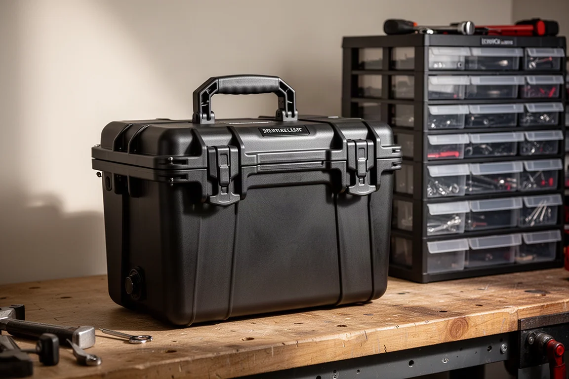 Matte black hard-sided cooler on a workbench beside stacked modular tool boxes