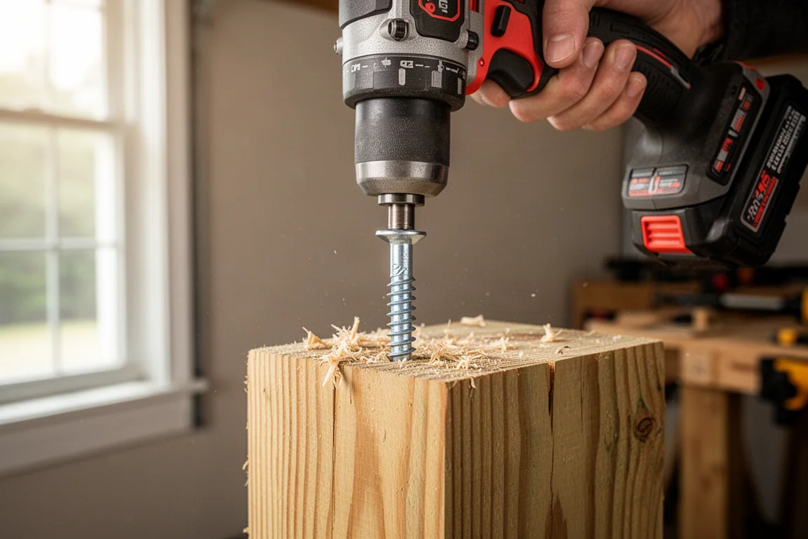 Un avvitatore ad impulso a batteria che avvita un grosso bullone a legno in un palo di legno impregnato