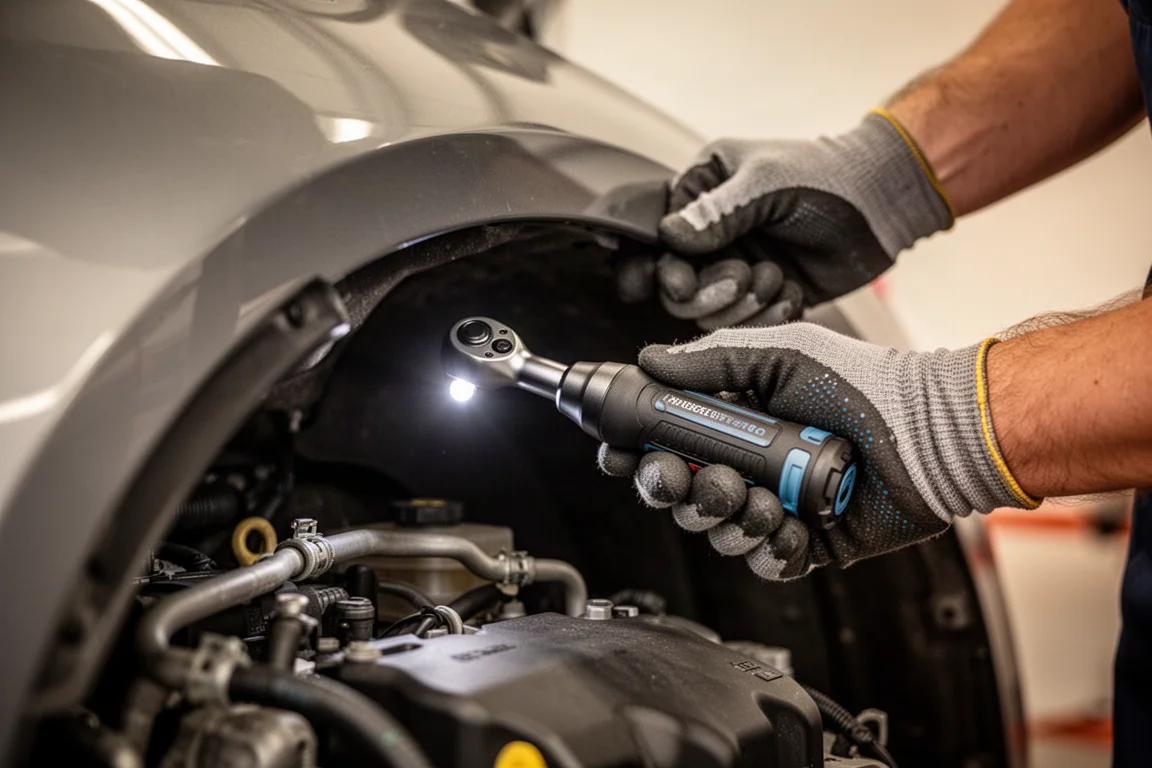 Un meccanico usa un cricchetto a batteria dal profilo sottile in un vano motore angusto