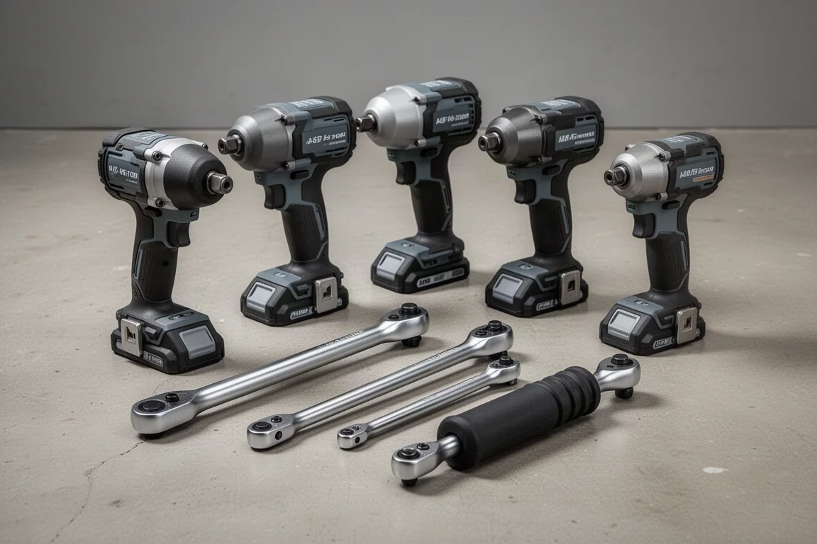 Six Ridgid cordless impact wrenches and ratchets grouped on a concrete workshop floor