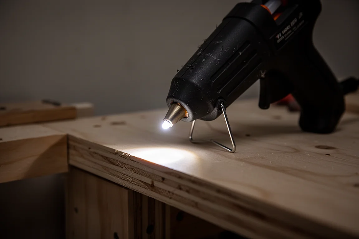 Ugello della pistola per colla e luce di lavoro LED che illuminano un angolo buio del banco da lavoro