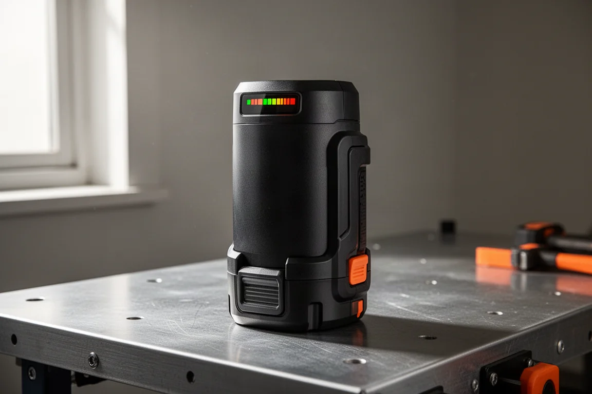 Grande batteria cilindrica da 12Ah per attrezzi senza filo in piedi su un banco da lavoro con indicatore di carica visibile