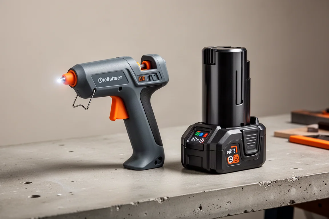 Ridgid cordless hot glue gun and 12Ah battery side by side on a workbench