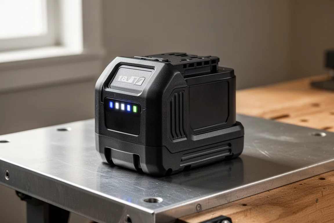 Compact 18V power tool battery pack on a brushed aluminium workbench