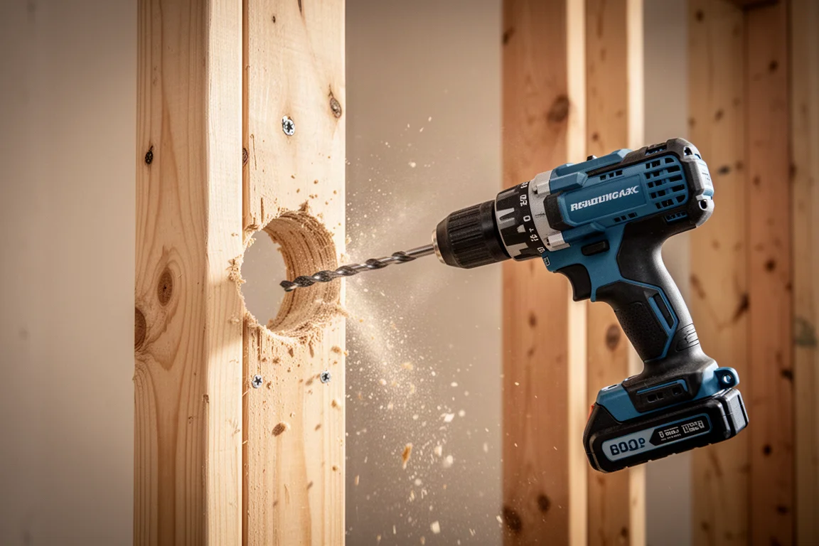 Taladro en ángulo perforando montantes de madera en una escena de estructura