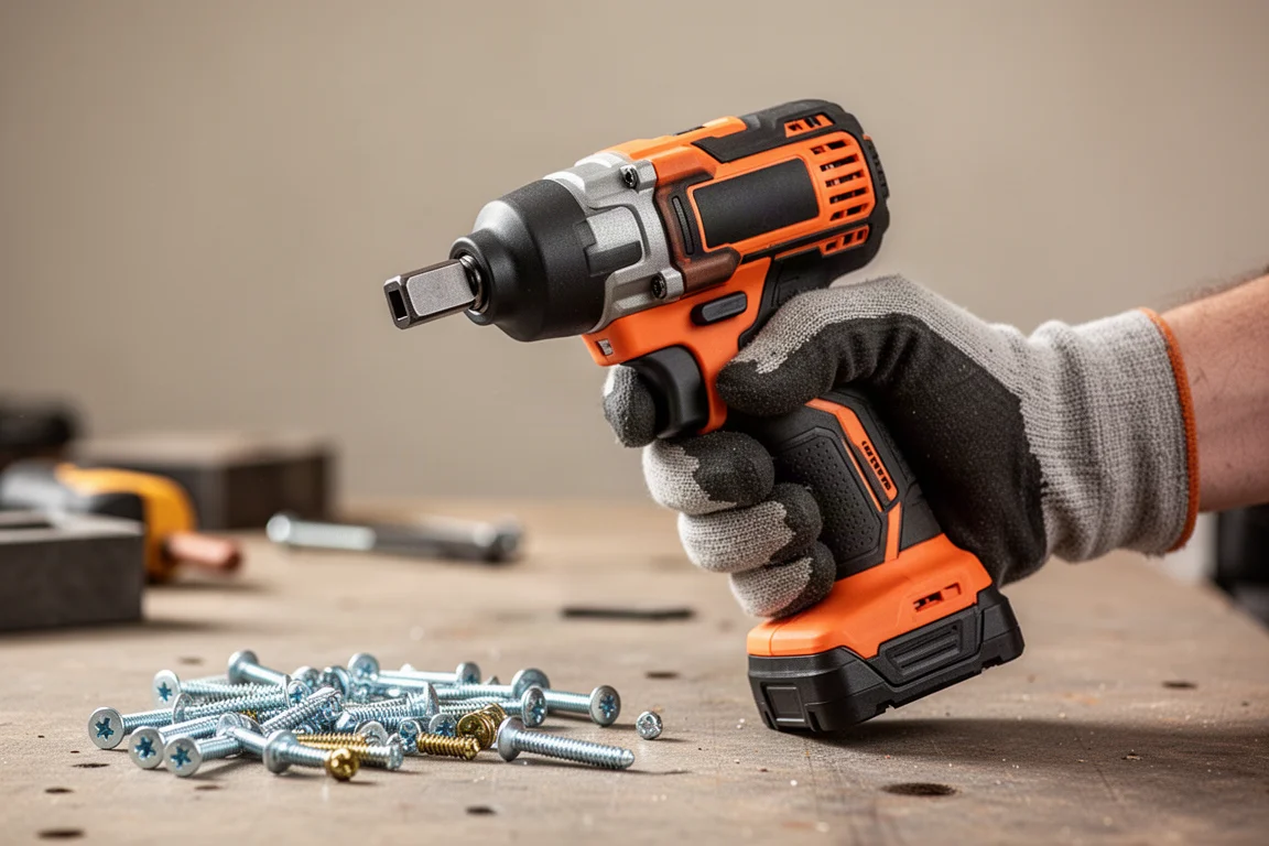 Nahaufnahme eines RIDGID Nuke Stealth Force Schlagschraubers in behandschuhter Hand, orangefarbenes und schwarzes Gehäuse, Werkstatthintergrund