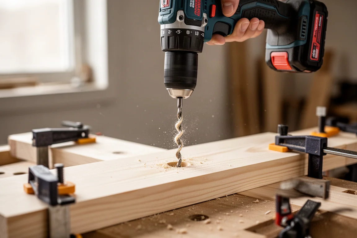 Perceuse compacte sans fil perçant dans une planche de bois dans un atelier