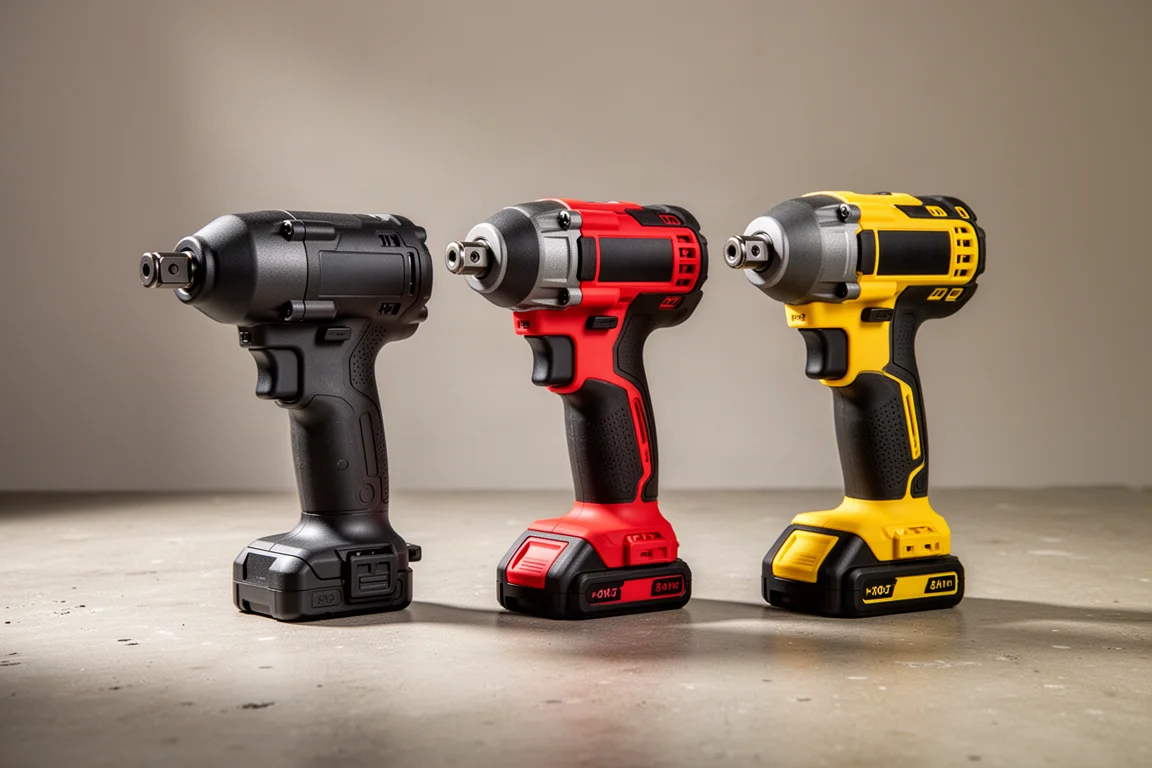 Three cordless impact drivers lined up on a concrete workshop surface