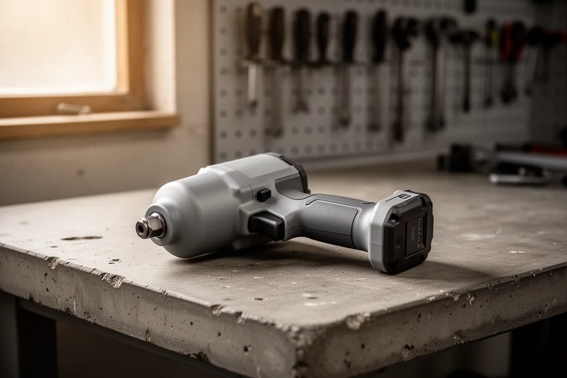 High Torque Impact Wrench liegt bei weichem Licht auf einer Betonwerkstattbank
