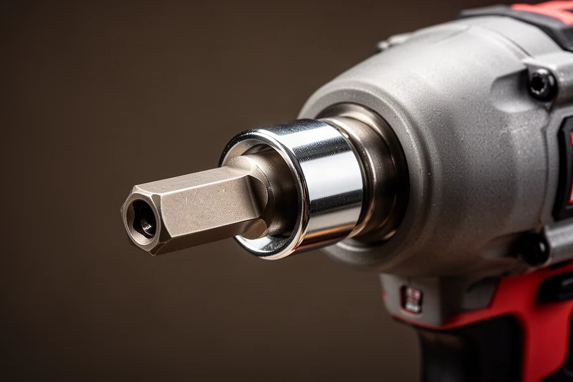 Nahaufnahme von Amboss und Stecknuss eines Impact Wrench, bereit für eine Verschraubung