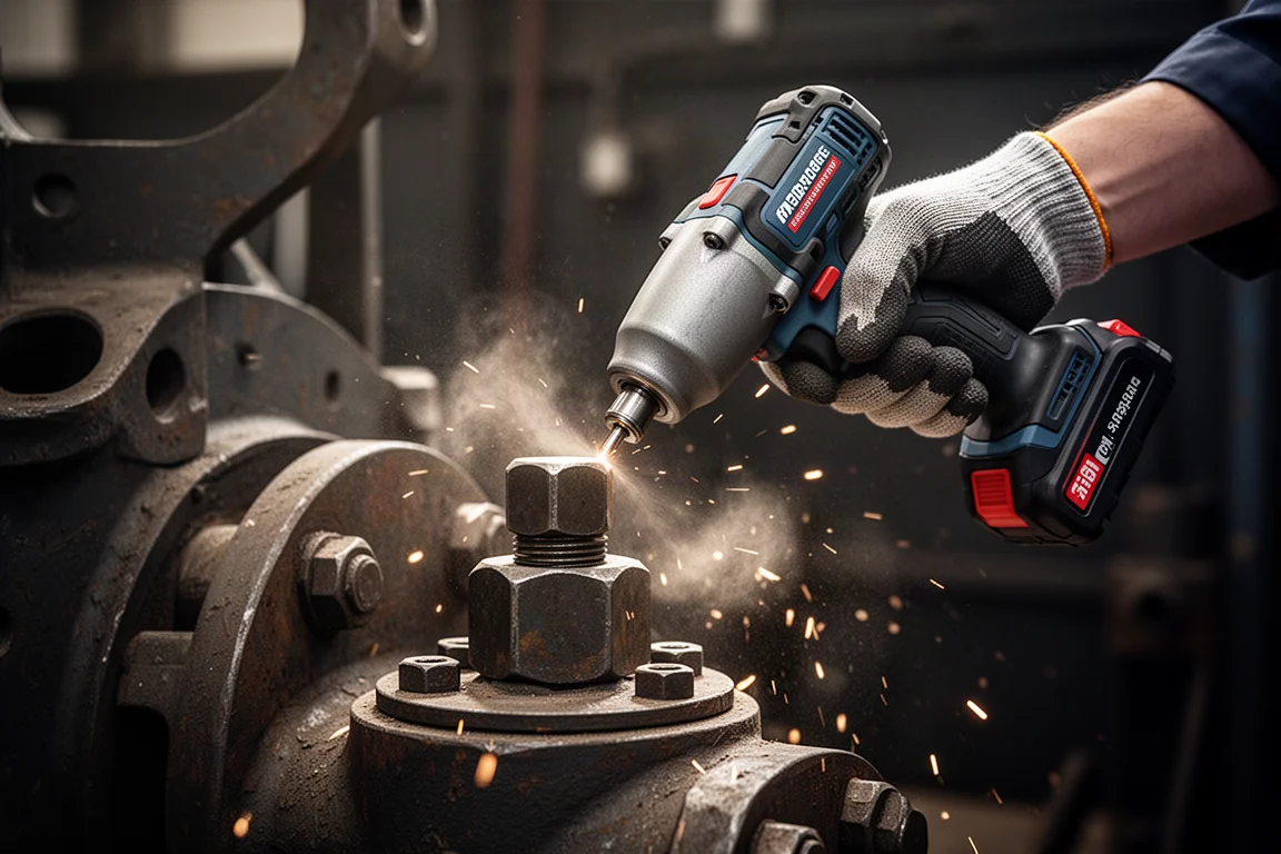 Hand eines Mechanikers mit Handschuh löst eine große Schraube mit einem kabellosen Impact Wrench