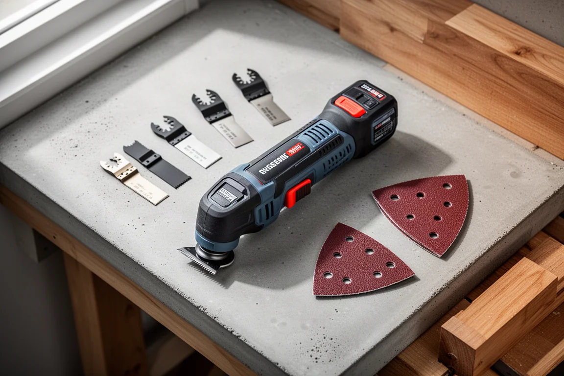 Multi-tool oscillante a batteria appoggiato su un banco di lavoro accanto alle lame accessorie