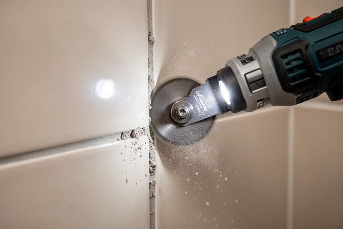 Rimozione della stuccatura tra le piastrelle del bagno con un multi-tool oscillante