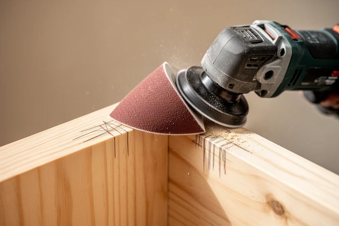 Levigatura di un angolo di una tavola di legno con un tampone levigatore triangolare