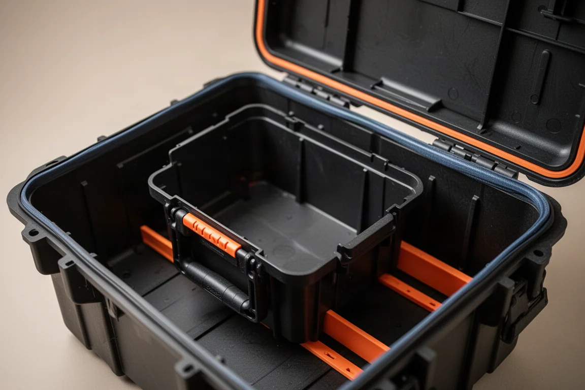 Interior de una caja de herramientas con un contenedor interior extraíble y tiras divisorias naranjas