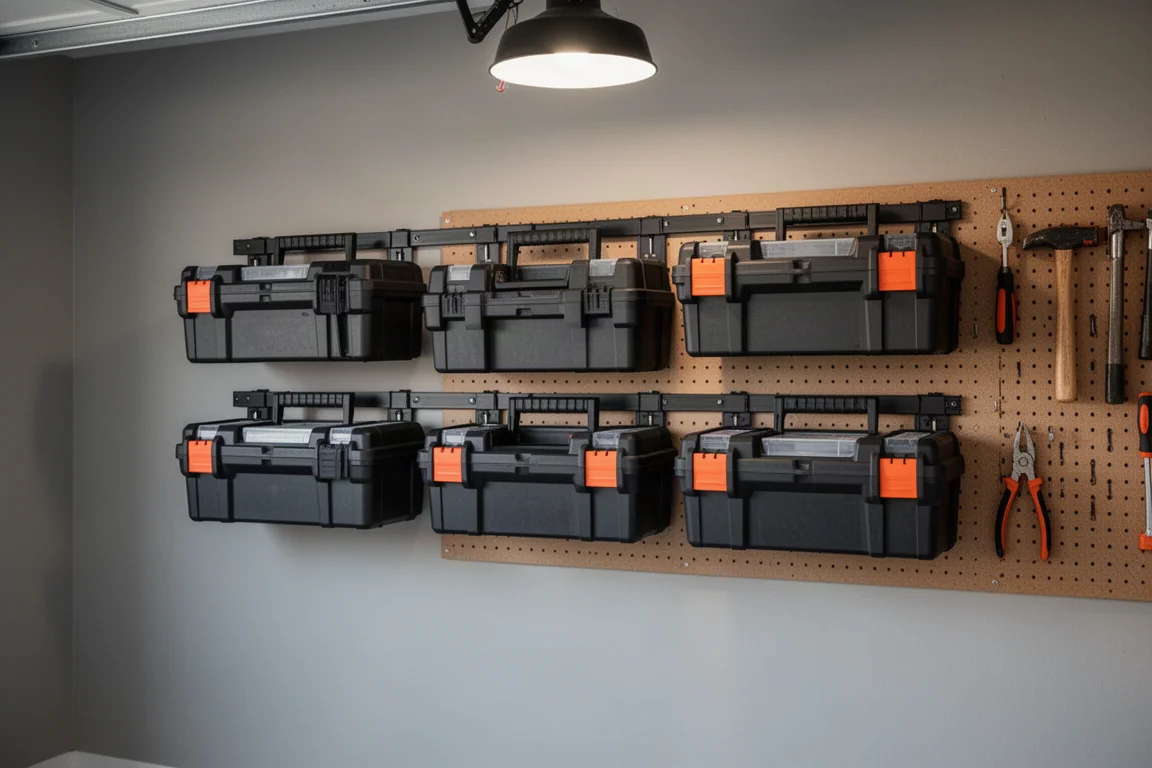 Cajas de herramientas montadas en la pared de un taller mediante un sistema de montaje mural