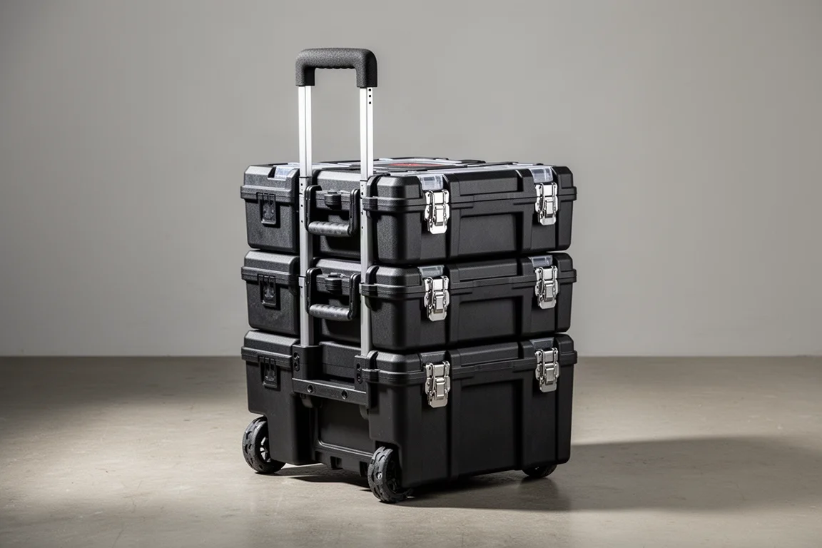 Modular black tool storage boxes stacked on a wheeled cart