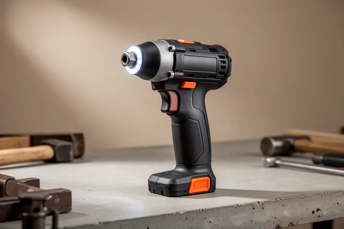 Compact cordless impact driver standing on a concrete workbench