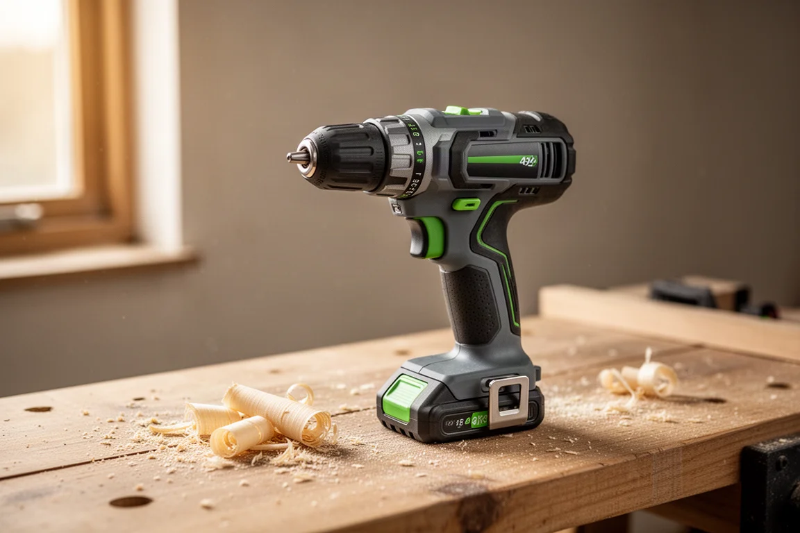 Compact cordless drill resting on a sawdust-covered workbench