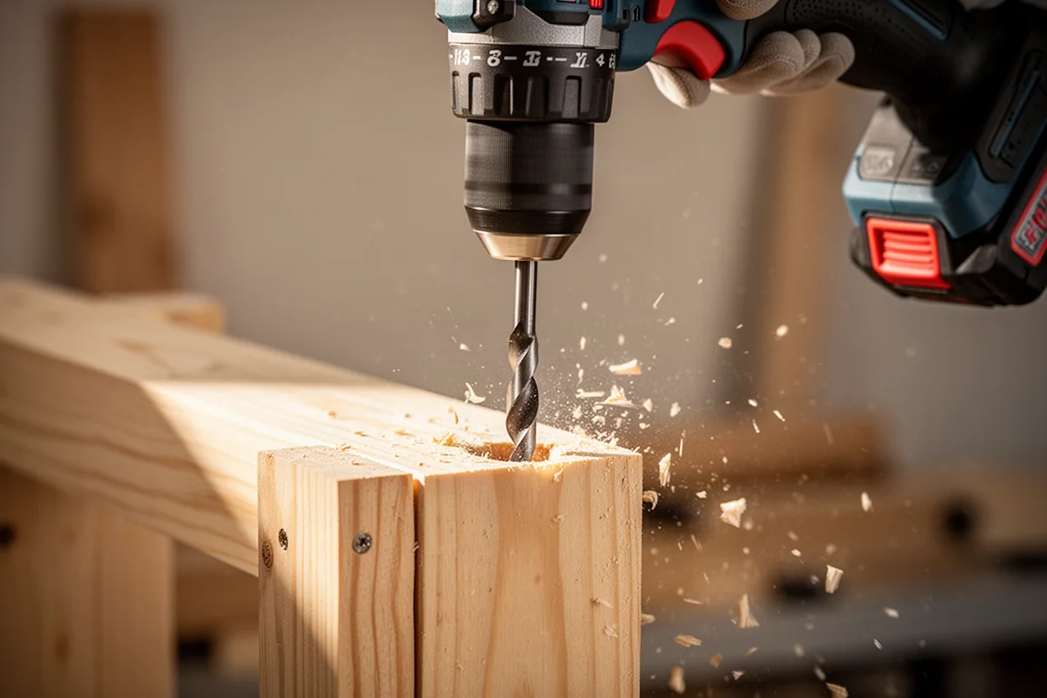 Drill bit boring into a pine 2x4 stud with wood chips flying