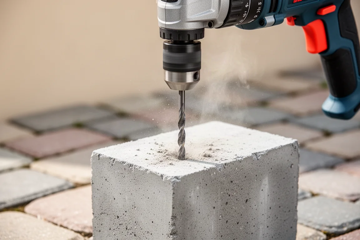 Hammer drill with masonry bit pressed against a concrete block
