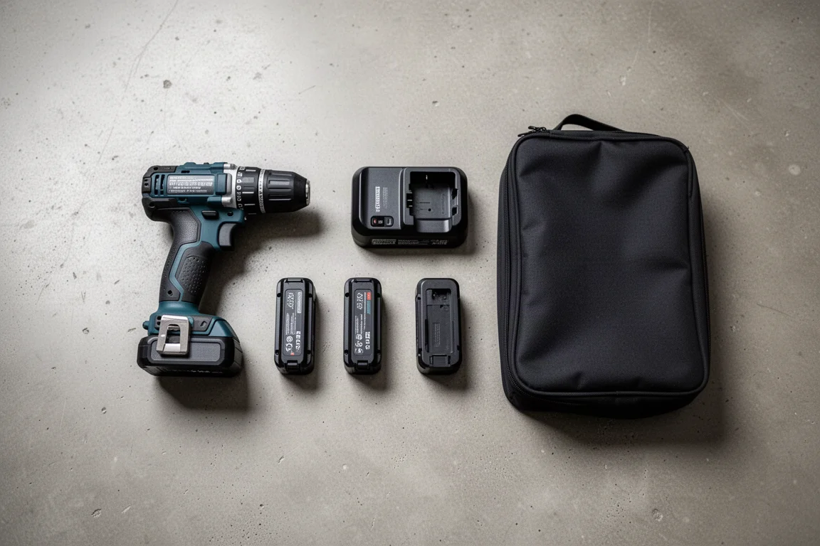 Cordless drill kit laid out with two batteries, charger, and soft case