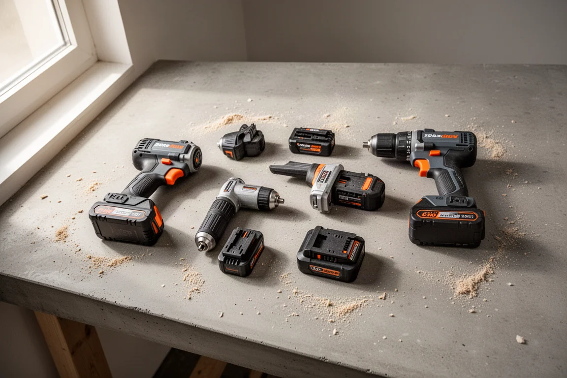 Workshop bench with several cordless power tools laid out under soft light