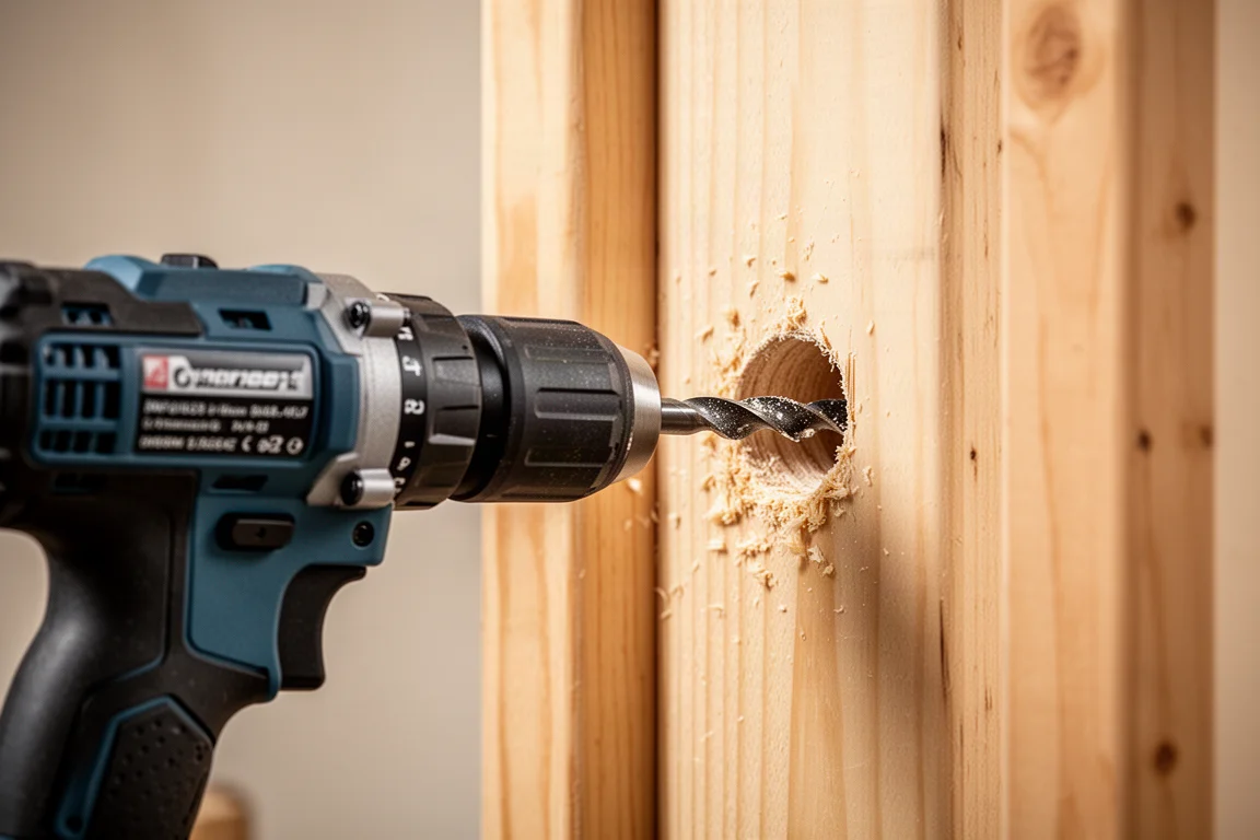 Cordless right angle drill boring into stacked framing lumber