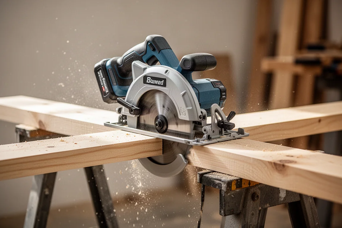 Compact cordless circular saw mid-cut through a two-by-four on sawhorses