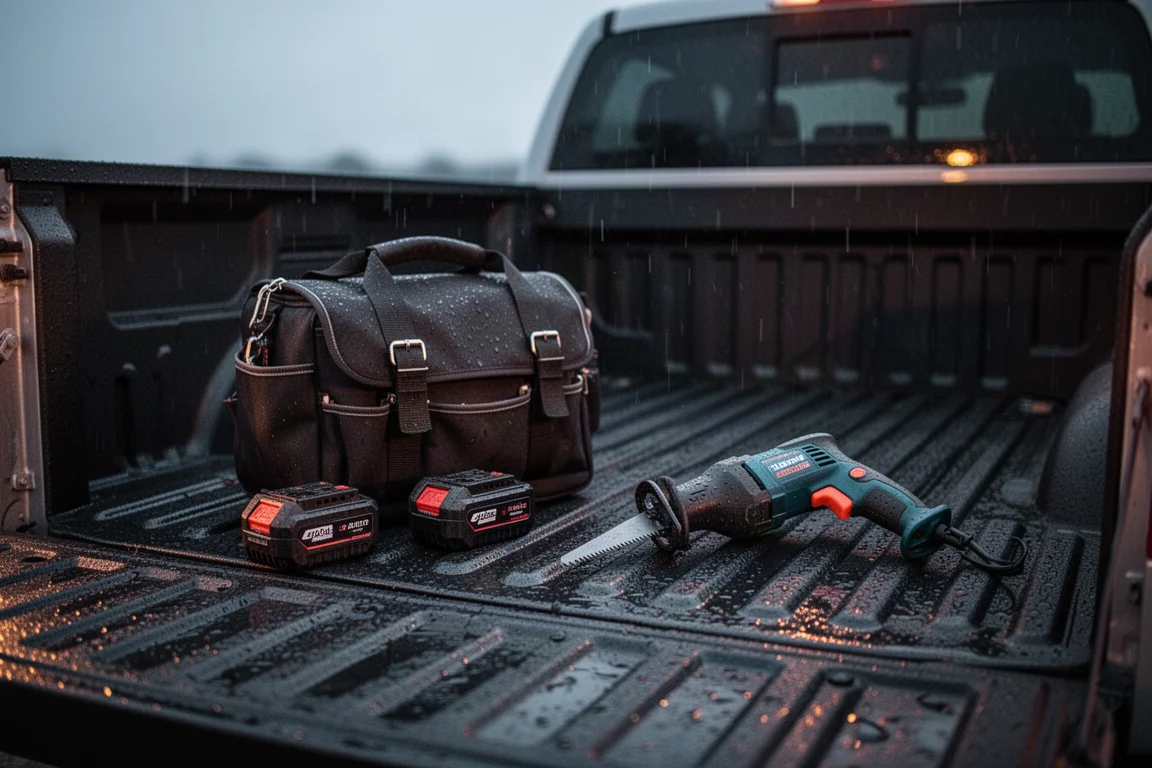 Truck bed with a small bag of cordless tools and batteries